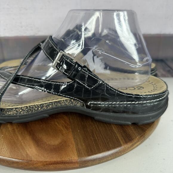 Ecco Sandal Womens 11.5 Black Leather Comfort Slip on Strappy Adustable Cork - Picture 7 of 13